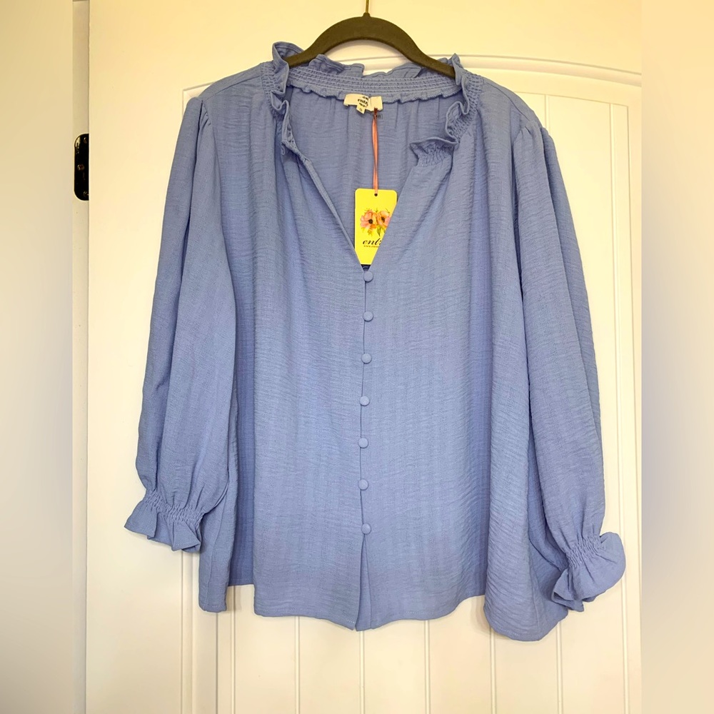 Blue Boutique V Neck Button-up Blouse Loose Fitting with Ruffle details Size S